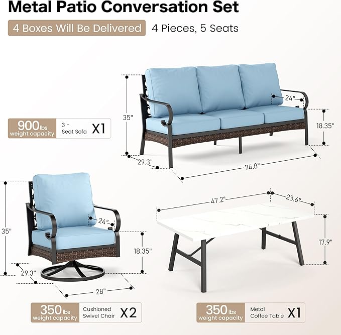 SUNSHINE VALLEY 4 PCS Metal Outdoor Patio Furniture Set, Patio Conversation Sets 1 3-Seater Sofa, 2 Swivel Chairs with 5.75" Extra Thick Cushion & Coffee Table, Black Frame Backyard Furniture, Blue