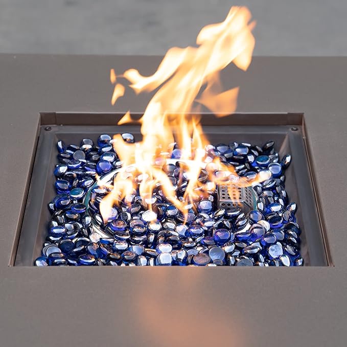 onlyfire Flat Fire Glass Beads for Propane Fire Pit, 1/2 Inch Reflective Firepit Glass Rocks 10 Pounds Flat Marbles for Gas Fireplace and Fire Pit Table, High Luster Royal Cobalt Blue