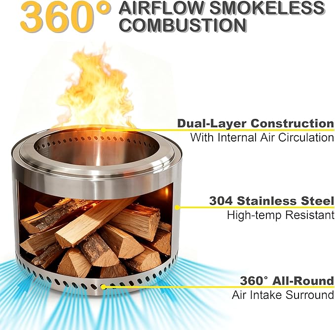 19" Smokeless Fire Pit with Air Switch, Wood Burning Portable Stainless Steel Outdoor Firepit with Removable Ash Pan for Camping, Backyard, Patio & Picnic