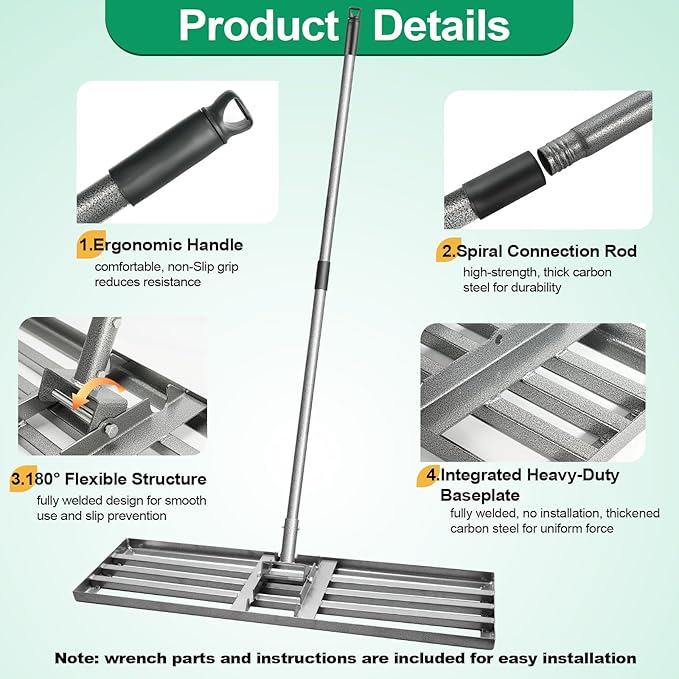 Lawn Leveling Rake, 36"x10" Heavy Duty Leveling Rake for Soil, Sand, Compost, Gravel, Steel Lawn Leveler with Adjustable Handle, Level Yard Tool for Backyard, Garden, Farm, Golf Course