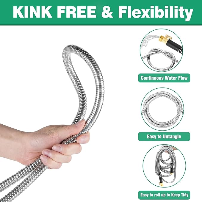 150Ft Metal Garden Hose durable stainless steel Water Hose, flexible, lightweight hose is resistant to kinks and tangles.With 10-way nozzle, strong 3/4” metal fittings, and a Stop Valve.