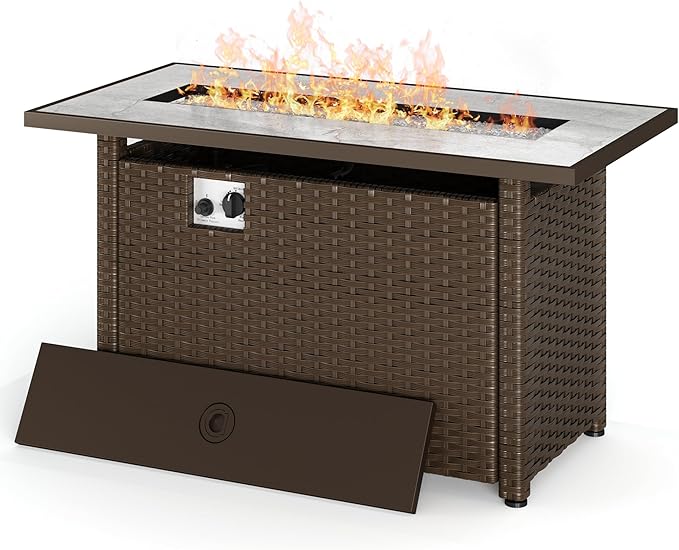Gizoon 45" Gas Fire Pit Table, Propane Fire Pit with Glass Rocks, Waterproof Cover and Pe Rattan, Outdoor Patio Fire Pits for Backyard, Garden, Party