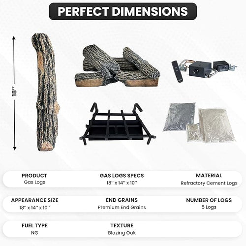 18" Premium Gas Logs - Remote Control Kit Included - for Natural Gas Vented Fireplaces - Blazing Oak Design (Logs + Remote Light Kit)