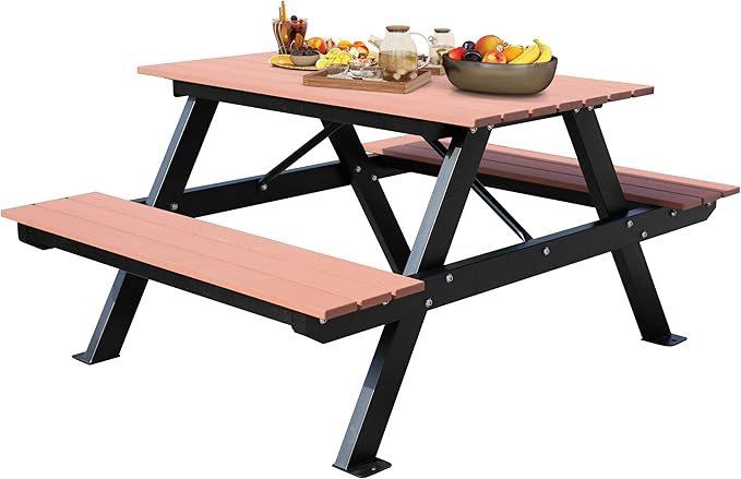 4FT Outdoor Picnic Table and Bench Set with 2" Umbrella Hole, WPC Tabletop Seattop Patio Dining Set for 4 People, Outdoor Dining Table and Chair for Park Garden Yard Patio- Brown