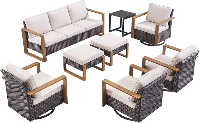 Rilyson Outdoor Wicker Patio Furniture Set - 8 Piece Patio Conversation Set with 4 Wicker Swivel Rocker Chairs,2 Rattan Ottoman 1 Side Table and 1 Couch,Thick Cushions,Deep Seating(Brown/Beige)