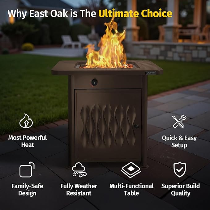 EAST OAK 28" Upgraded Outdoor Propane Fire Pit Table | 52,000 BTU Gas Fire Pit Table for Outside with Magnetic Lid | Storage Basket & Lava Rocks | CSA Certified for Patio, Garden & Backyard | Brown