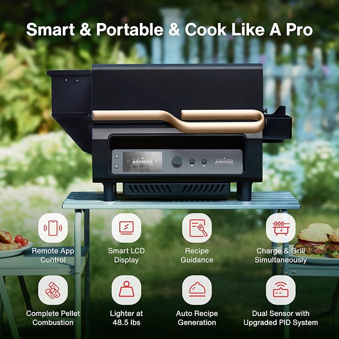 ASMOKE Essential Full Grilling Combo - Smart Portable Wood Pellet Grill & Smoker with 5" LCD Screen, 8-in-1 Grill, 8H Battery, Effortless Cleaning, Wi-Fi Smart Control,271 sq.in, Fit for Family BBQ