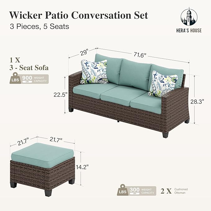 Small Patio Furniture Set, 3 Pieces Wicker Outdoor Sectional Set, L-Shaped Patio Couch Set, Modular Rattan Conversation Set with Lounge Sofa and Ottomans for Deck Lawn Garden, Blue