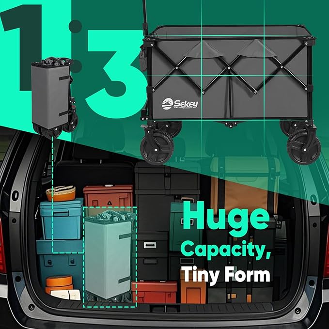Sekey 220L Wagons Carts Foldable with Big All-Terrian Beach Wheels, Collapsible Heavy DutyWagon with Cup Holders, Extra Large Folding Wagon,Foldable Wagon for Camping, Garden, Sports. Grey