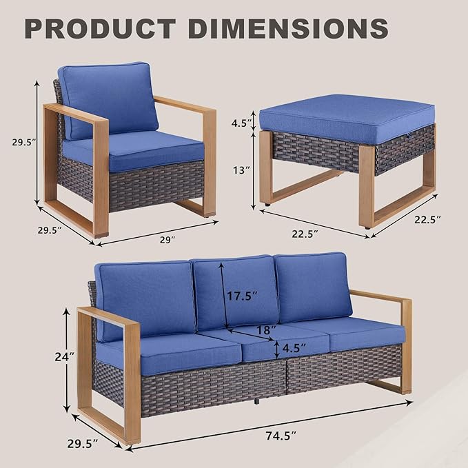 Rilyson Outdoor Wicker Patio Furniture Set - 5 Piece Patio Conversation Set with 2 Wicker Armrest Chairs,2 Rattan Ottoman and 1 Couch,Sturdy Frame,Thick Cushions,Deep Seating(Brown/Blue)
