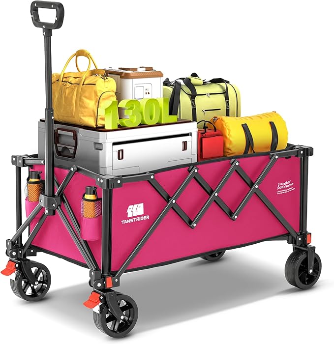 Collapsible Wagon with Wheels,Wagons Carts Foldable Wagon Cart with Flexible Handle, Lightweight Portable Folding Utility Grocery Shopping Cart for Grocery Sports Garden Camping(Pink)