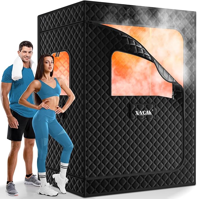 2 Person Sauna, Extra Large Sauna Box, Portable Steam Sauna Tent with 2 Steamers, 2 Folding Chair, 71”x 49”x 36”, Black