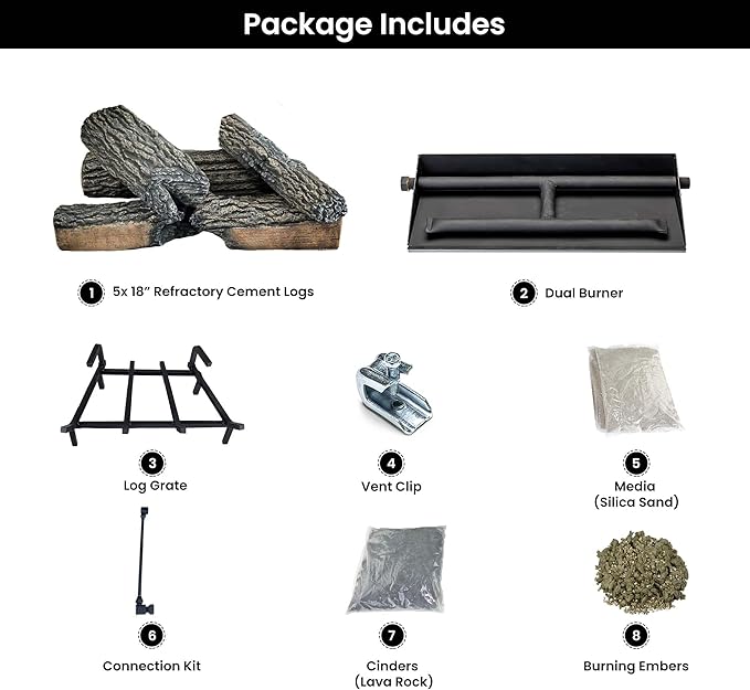 18" Premium Gas Logs - Match Light Kit Included - for Natural Gas Vented Fireplaces - Blazing Oak Design (Logs + Match Light Kit)
