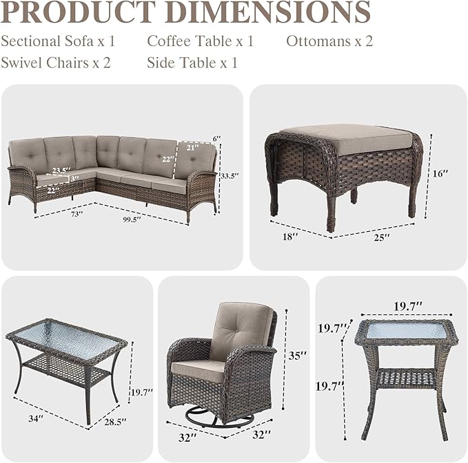 HUMMUH Outdoor Patio Furniture Set,L-Shaped Sectional Couches with Swivel Patio Chairs,Wicker Conversation Set for Deck,Backyard,Porch,Garden