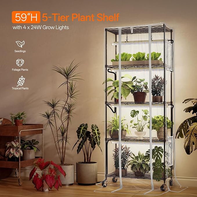 Bstrip Indoor Greenhouse with Grow Light, Mini Green house with 4 Pack 24W Full Spectrum Plant Lights with Timer, Plant Shelf with Tent for Indoor Plant, Seed Starting, Seed Tray, 23.5"x13.8"x59"