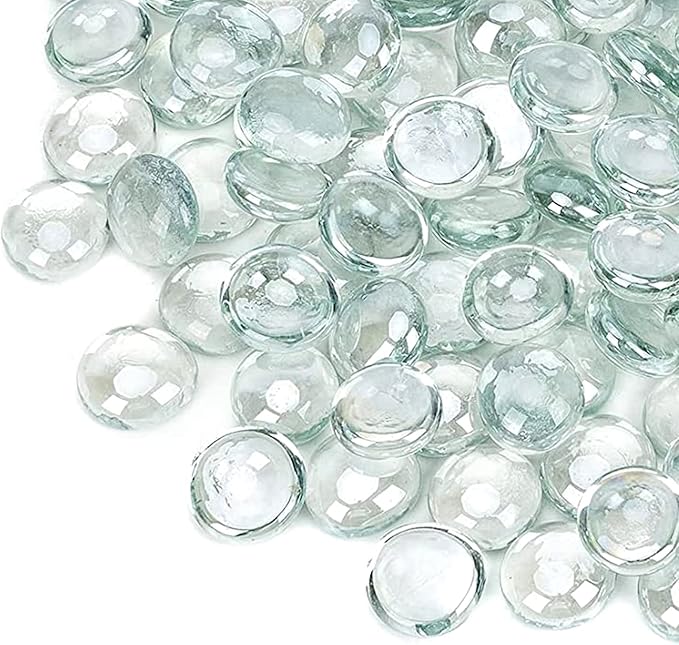 onlyfire Flat Fire Glass Beads for Propane Fire Pit, 1/2 Inch Reflective Firepit Glass Rocks 10 Pounds Flat Marbles for Gas Fireplace and Fire Pit Table, Crystal Ice