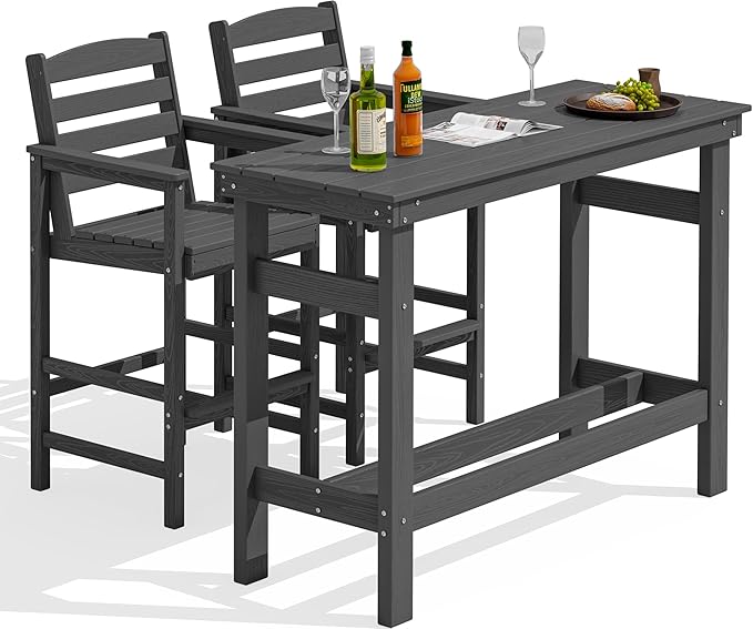 SERWALL Outdoor Bar Set - 2 Adirondack Bar Chairs & Bar Height Table with 1.6" Umbrella Hole, All-Weather HDPE Patio Furniture for Poolside, Backyard, Garden - Grey
