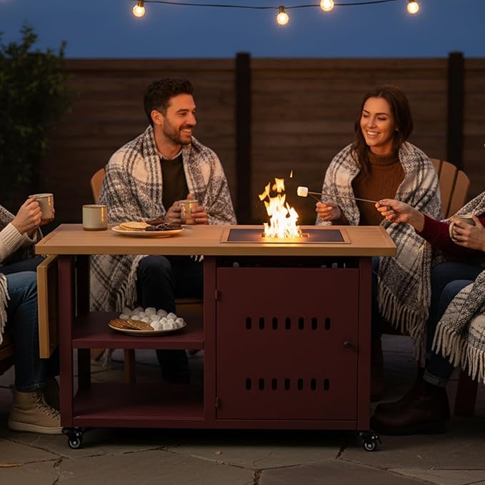 44" Gas Fire Pit Table, Table Top Firepit, 50000 BTU Gas Fire Pits for Outside Patio, Propane Fire Pit with Storage Space and Wine Glass Holder for Outdoor, Deck, Red