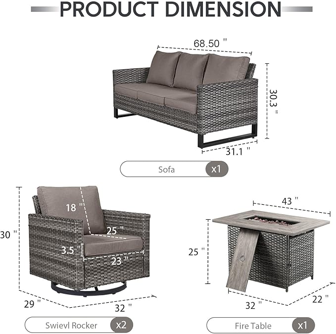 4 Piece Wicker Patio Furniture with Fire Pit Table - Outdoor Conversation Set with 50,000 BTU Fire Pit, All Weather Rattan Patio Set for Deck Backyard Garden - Grey Wicker Grey Cushion
