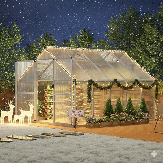 IDEALHOUSE 8X10 FT Greenhouse for Outdoors, Lockable Door and Ajustable Roof Vent, Polycarbonate Greenhouse with Water Gutter System, Aluminum Walk-in Greenhouses, for Backyard, Lawn