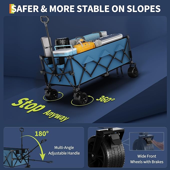 52" Foldable Wagon for Beach with 460lbs Weight Capacity, Heavy Duty 350L Extra Large Collapsible Foldable Wagon for Camping, All Terrain Beach Wagons Extended with Cup Holders for Sand