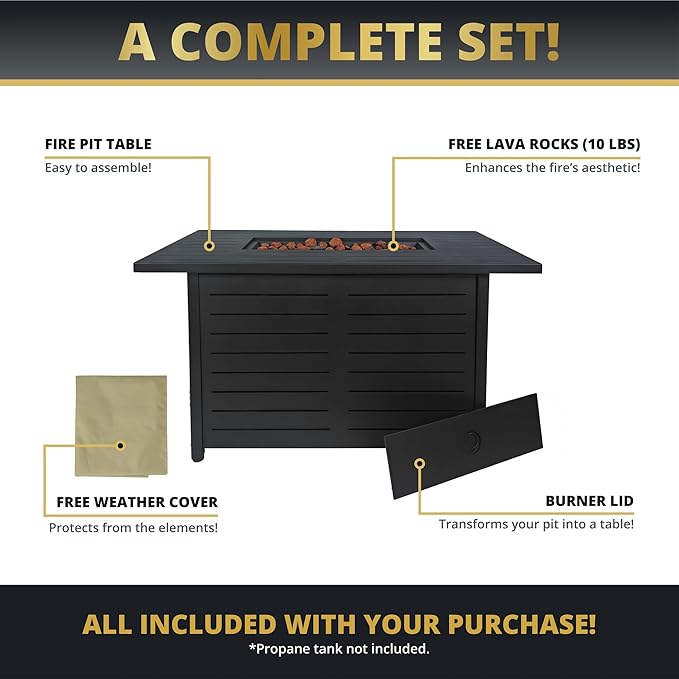 42" Outdoor Propane Fire Pit Table, Gas Fire Pits with Lava Rock Waterproof Cover and Removable Lid for Outside Gatherings Parties on Patio Deck Garden Backyard Balcony 50000 BTU, CSA Certified