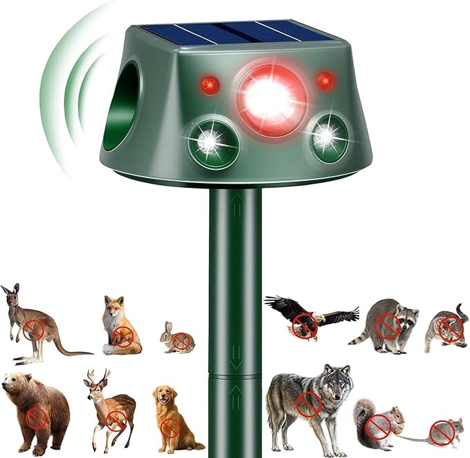 360° Deer Repellent Device, IP66 Waterproof Solar Ultrasonic Animal Repellent, Pest Repeller with Motion Detection & PIR Sensors, Cat Deterrent Outdoor for Repelling Sankes, Raccoons, Cats, Dogs