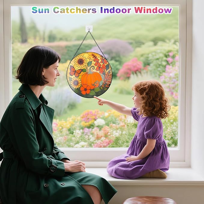 Pumpkin Suncatcher for Window Hanging - Stained Glass Window Hanging, Pumpkin Decor for Garden,Wall, Balcony, Fall Gift for Halloween(12 Inch)