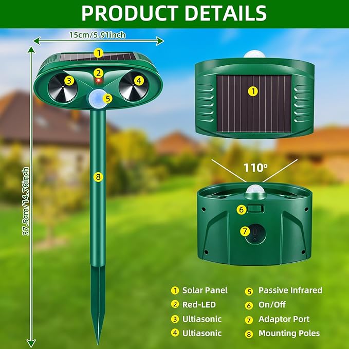 2026 Upgraded Solar Ultrasonic Animal Repellent Outdoor, Deer Repellent Devices & Cat Deterrent with Motion Sensor, Waterproof Solar Animal Repeller for Squirrel Dog Raccoon Rabbit for Yard Garden