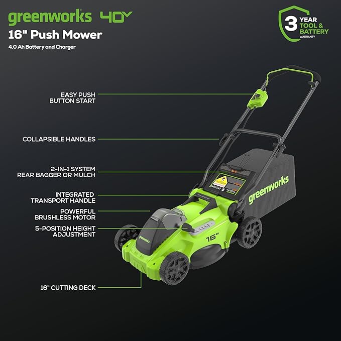 Greenworks 40V 16" Brushless Cordless (Push) Lawn Mower (75+ Compatible Tools), 4.0Ah Battery and Charger Included