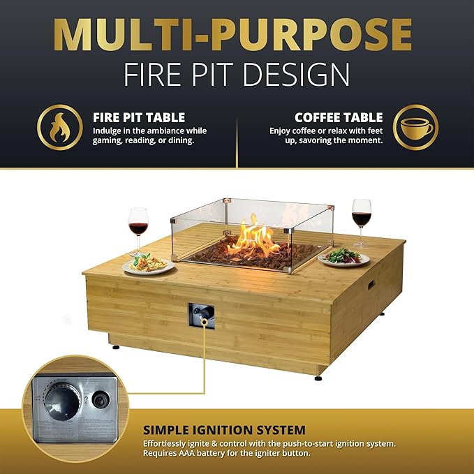 43" Gas Fire Pit Table with Propane Tank Cover Table Wood Grain Design Square Includes Lava Rocks and Weatherproof Cover for Outdoor Patios Parties Garden 50,000 BTUs CSA Certified