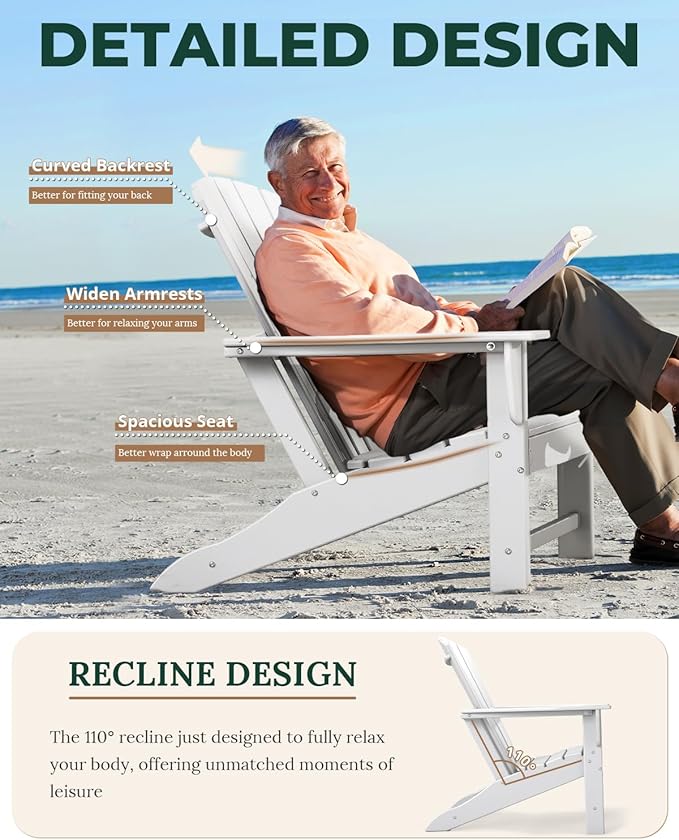 BRIOPAWS Adirondack-Chair | Fire Pit Chair | Oversized | HDPE Plastic | Weather Resistant | for Deck Outdoor Poolside Campfire | White