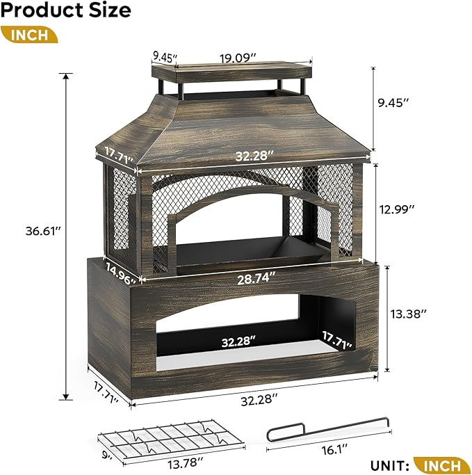 Bestier 37" Fire Pits, Wood Burning Fireplace for Outside Rectangular Chiminea Outdoor Firepits with Poker, Wood Storage, Rain Cover and Removable Fire Grill for Patio, Garden, Backyard, Camping