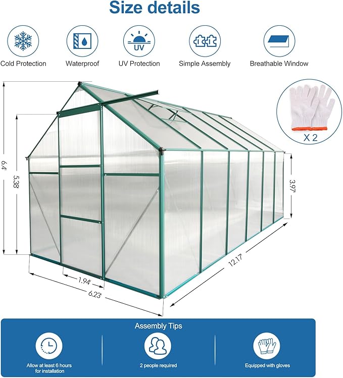 6×12 FT Polycarbonate Greenhouse for Outdoors, Large Walk-in Aluminum Green House Kit with Raised Base, Anchor, Sliding Door & Roof Vent, Heavy-Duty Outdoor Winter Greenhouse, Green