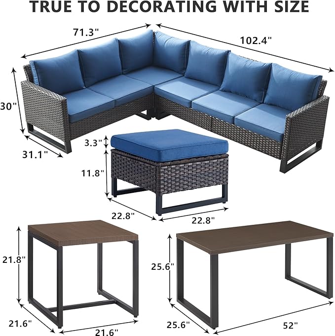 HUMMUH 10 Piece Patio Furniture Set PE Wicker 3 Outdoor Sectional Sofa Set with Patio Swivel Chairs Dinning Table Ottomans for Porch,Garden,Backyard,Deck(Brown/Blue)