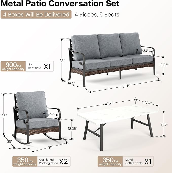 SUNSHINE VALLEY 4 PCS Metal Outdoor Patio Furniture Set, Patio Conversation Sets 1 3-Seater Sofa, 2 Rocking Chairs with 5.75" Extra Thick Cushion & Coffee Table, Black Frame Backyard Furniture, Gray