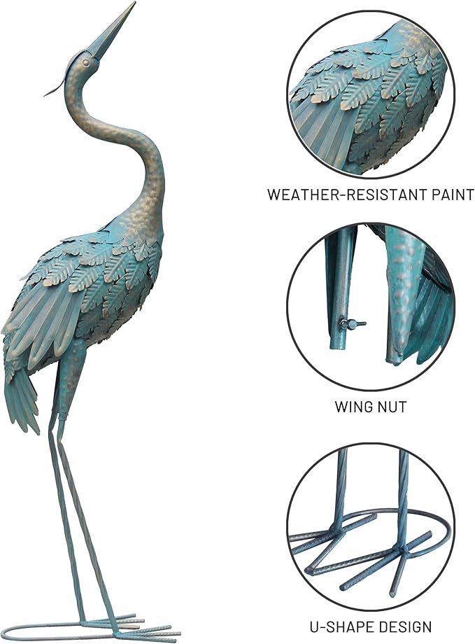 Oritty 33-37 Inch Metal Crane Garden Statue Décor, Bird Garden Sculpture & Statues, Outdoor Decoration for Yard Patio Lawn Backyard Pool, Vintage Spread Wings Crane, Set of 2