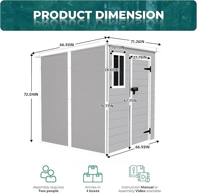 Outdoor Storage Shed 6x6 FT, Resin Lean to Shed with Floor, Window, Lockable Door, Waterproof Outside Sheds Patio Furniture Tool Shed for Bike, Garbage Can, Lawn Mower (Grey, 6 * 6ft)