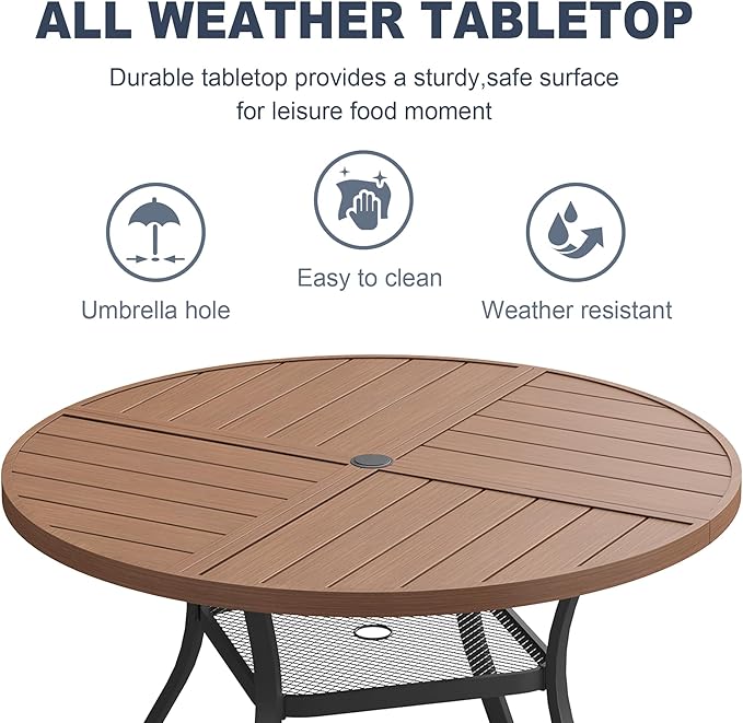 VICLLAX Round Patio Dining Table, 4 Person Metal Outdoor Dining Table with Umbrella Hole and Storage Shelf for Garden Lawn Deck, 40.6" Walnut