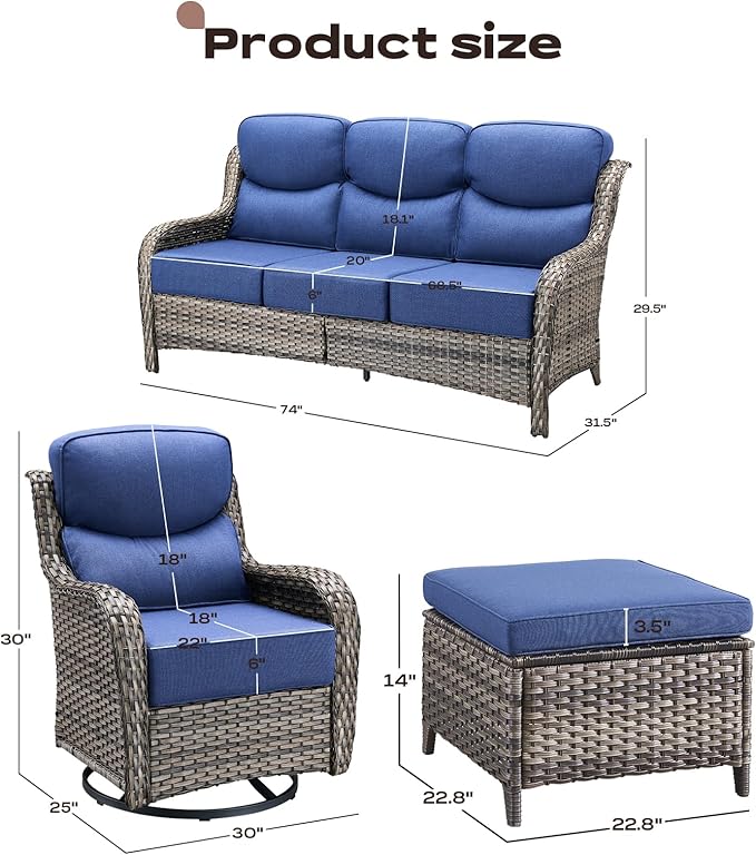 Rilyson Wicker Outdoor Patio Furniture Set - 5 Piece Patio Conversation Sets with Swivel Rocker Chairs, Ottomans and Sofa, 6 inch Cushions, Waterproof Wicker, for Porch Deck Mixed Grey/Blue