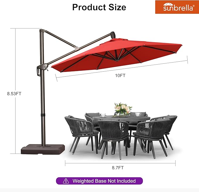 PURPLE LEAF 10FT Cantilever Patio Umbrella with Base Included Round Umbrella with 360° Rotation Aluminum Outdoor Offset Hanging Umbrella for Patio Pool, Red