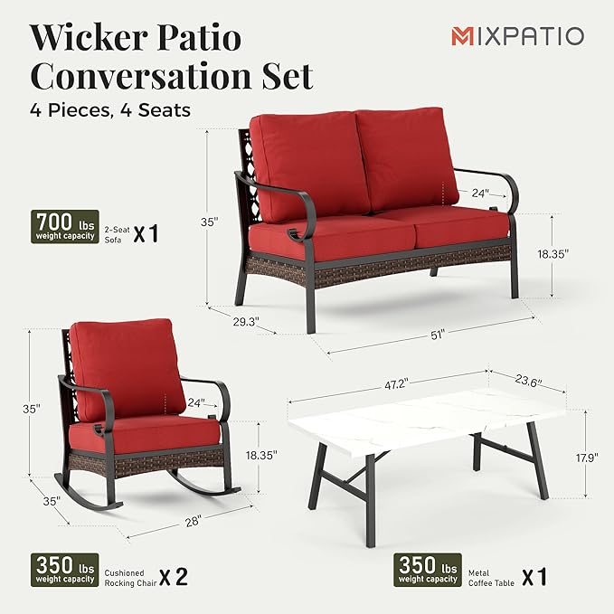 Patio Furniture Set with Coffee Table, Outdoor Conversation Set with 2 x Rocking Chair, 1 x 2-Seat Sofa for Lawn Garden Backyard, Red