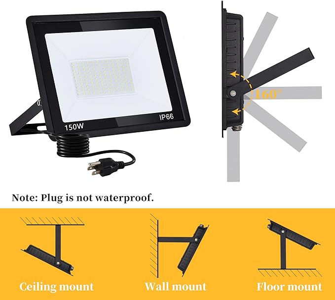 2 Pack 150W LED Flood Lights Outdoor, IP66 Waterproof 15000 LM Super Bright Outdoor Security Lights, Wired LED Work Light with Plug, 6000K Daylight White Floodlights for Garage,Yard,Garden,Patio