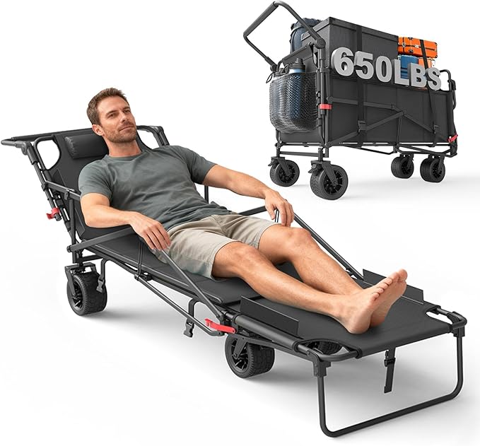 LEVELEVE Heavy Duty Folding Wagon - 2-in-1 Collapsible Cart, 650lb Capacity, All-Terrain Wheels w/Brakes & Side Pockets (Dark Gray)