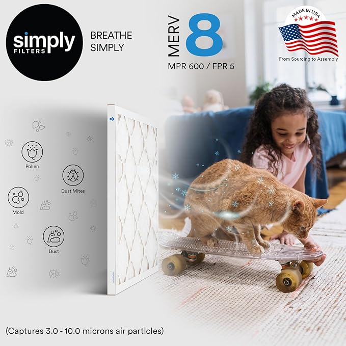 Simply 10x14x1 Air Filter, Merv 8, 6 Pack, For Home AC Furnace & HVAC (Actual Size: 9.75"x13.75"x0.75") DUST, Pet, & Allergy Control