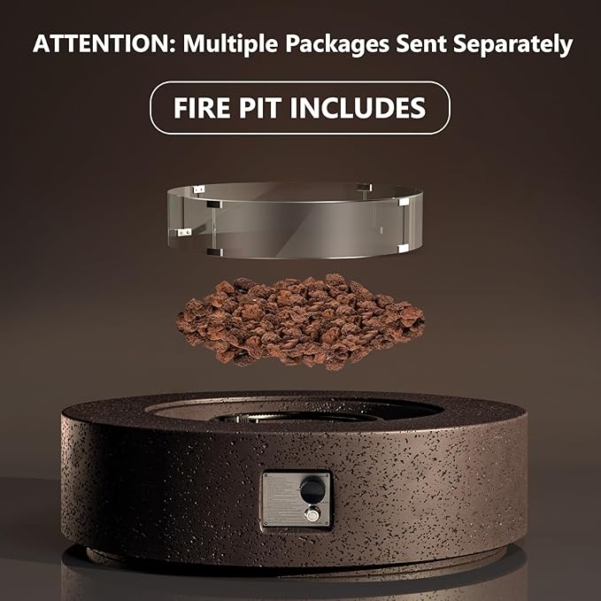 COSIEST 42 inch Outdoor Propane Fire Pit Coffee Table w Concrete Round Base Patio Heater, Certified, 50,000 BTU Stainless Steel Burner, Free Lava Rocks, Wind Guard, Rain Cover
