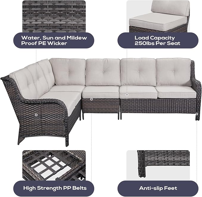 Belord Outdoor Furniture Sectional Sofa L Shaped Couch - Patio Wicker Set with 2 Swivel Glider Chairs, 5 Piece Rattan Patio Conversation Sets with Beige Cushion for Deck Backyard Sunroom