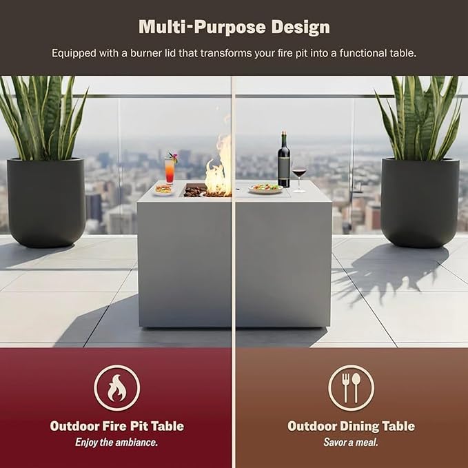 32" Smokeless Outdoor Alloy Steel Fire Pit Table w/Lid, All in One Propane Fire Table, Square Patio Firepit Table 50,000 BTUs, Lava Rocks, Weatherproof Cover, CSA Certified, for Outside Patio