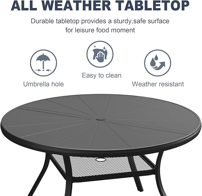 VICLLAX Round Patio Dining Table, 4-6 Person Aluminum Outdoor Dining Table with Umbrella Hole and Storage Shelf for Garden Lawn Deck, 47.2" Black