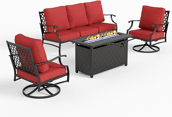 SUNSHINE VALLEY 4 Piece Metal Outdoor Patio Furniture Sets with 5000 BTU Firepit Table, Patio Conversation Sets 1 3-Seater Sofa, 2 Swivel Chair with 5.75" Thick Cushion, Black Backyard Furniture, Red